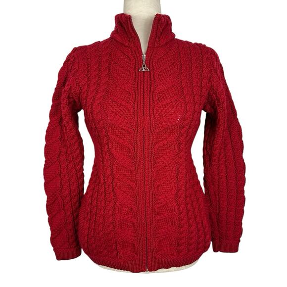 Aran Crafts Sweaters - AranCrafts Ireland Sweater Women XS Red Merino Fisherman Cable Knit Cardigan